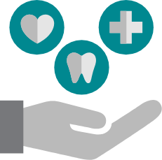 illustration of a hand holding medical, dental and vision insurance icons