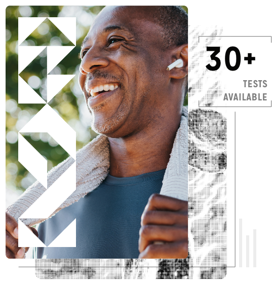 An image lock-up promoting TriCore's direct testing; it shows a fit Black man with the caption 30+ tests available.