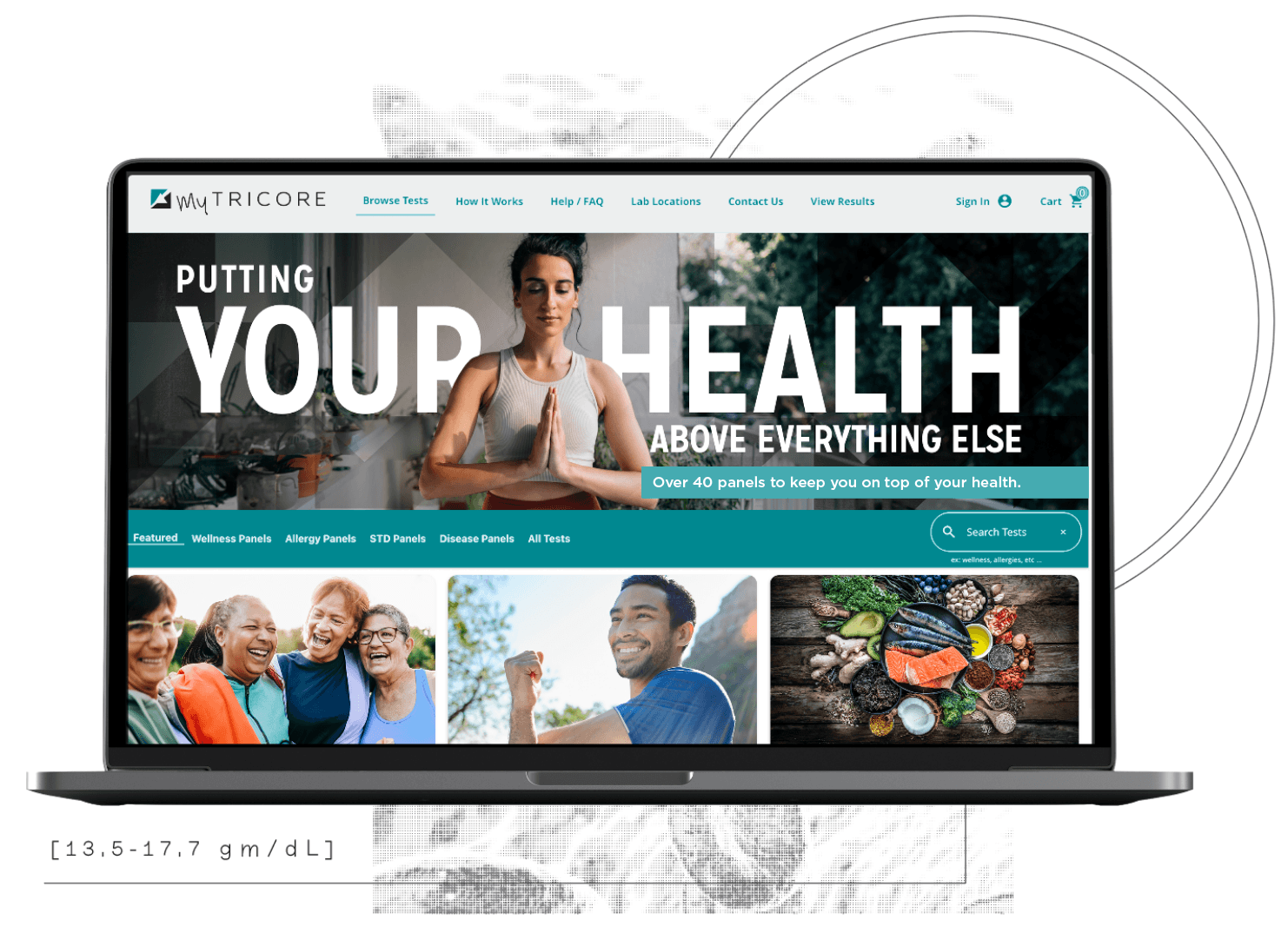 A mockup view of the TriCore website, displaying a patient portal with many resources for people looking to take initiative in their wellbeing.